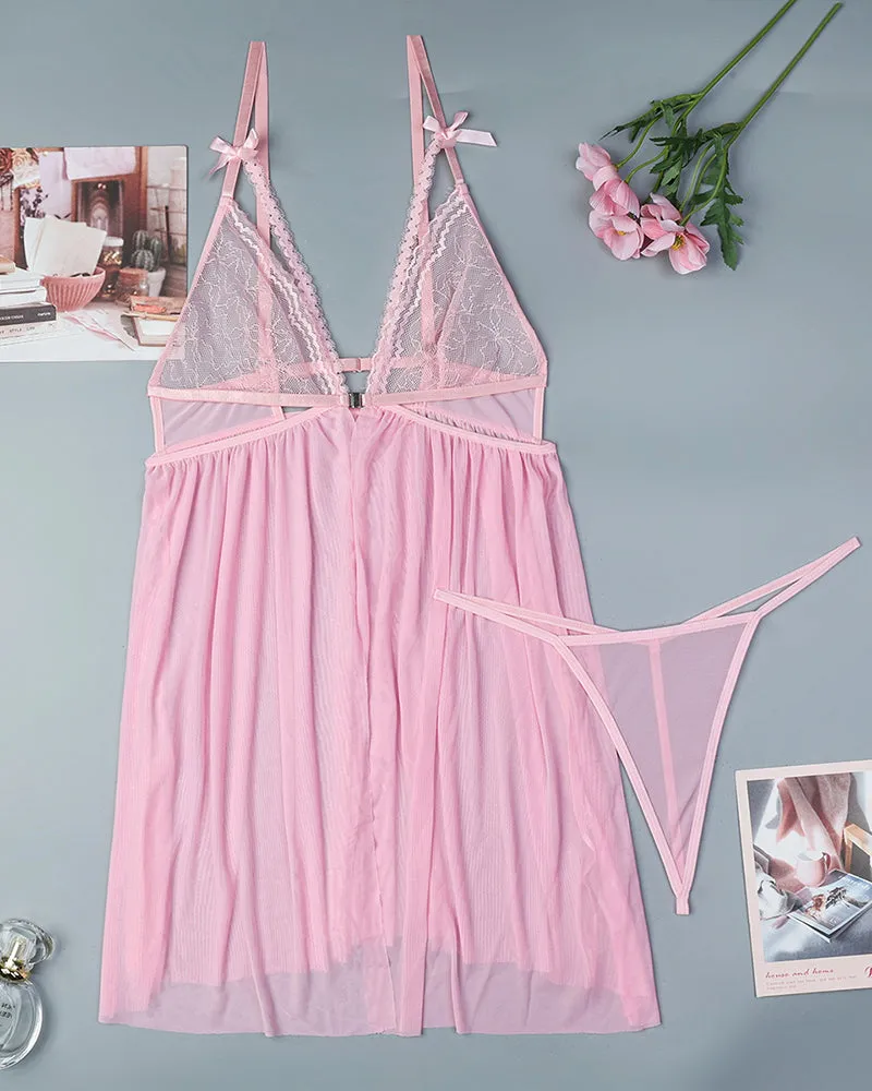 Contrast Lace Nightdress With Bowknot