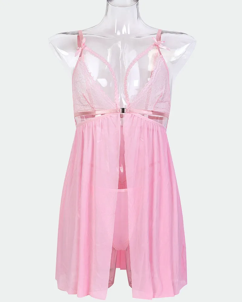 Contrast Lace Nightdress With Bowknot