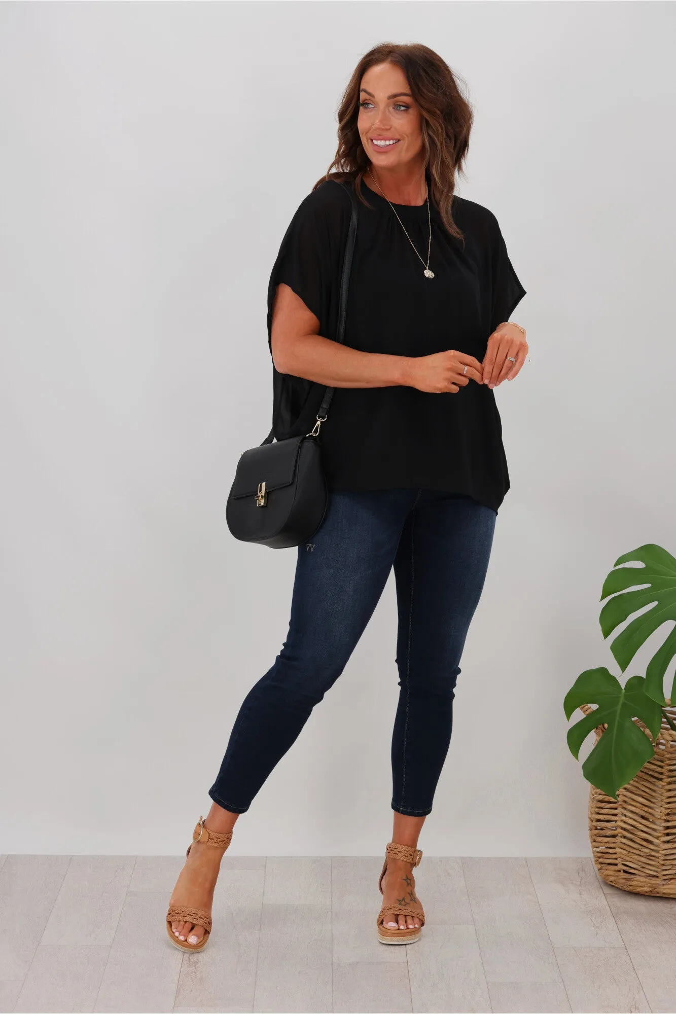 Gloss by Shine On Mathilda Batwing Tie Neck Top Black