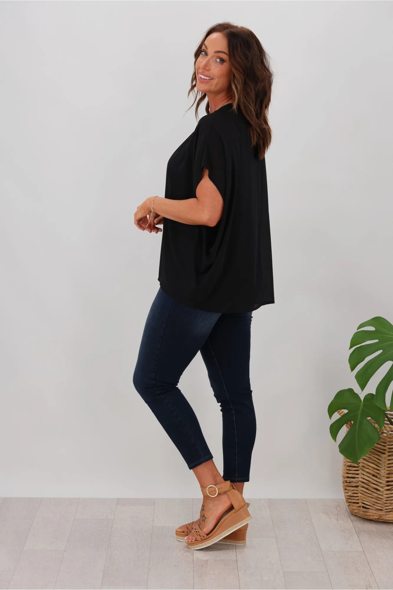 Gloss by Shine On Mathilda Batwing Tie Neck Top Black