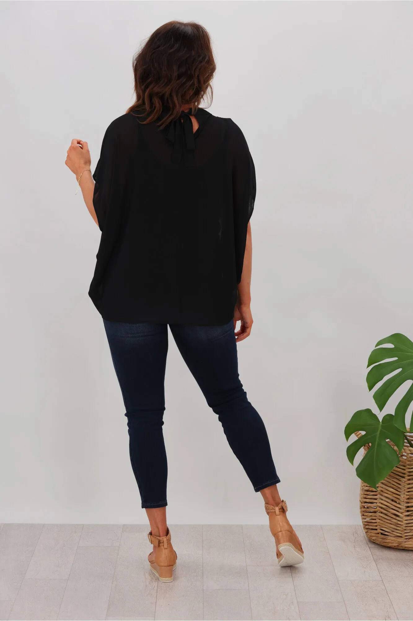 Gloss by Shine On Mathilda Batwing Tie Neck Top Black