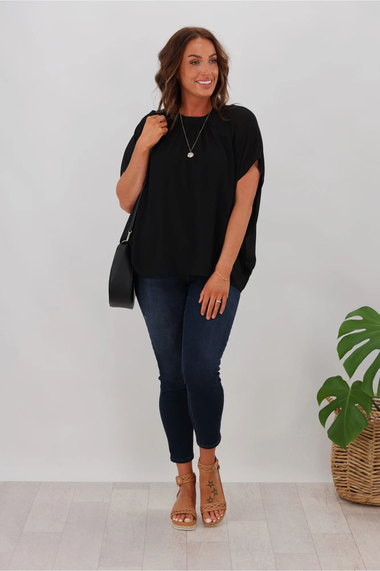 Gloss by Shine On Mathilda Batwing Tie Neck Top Black
