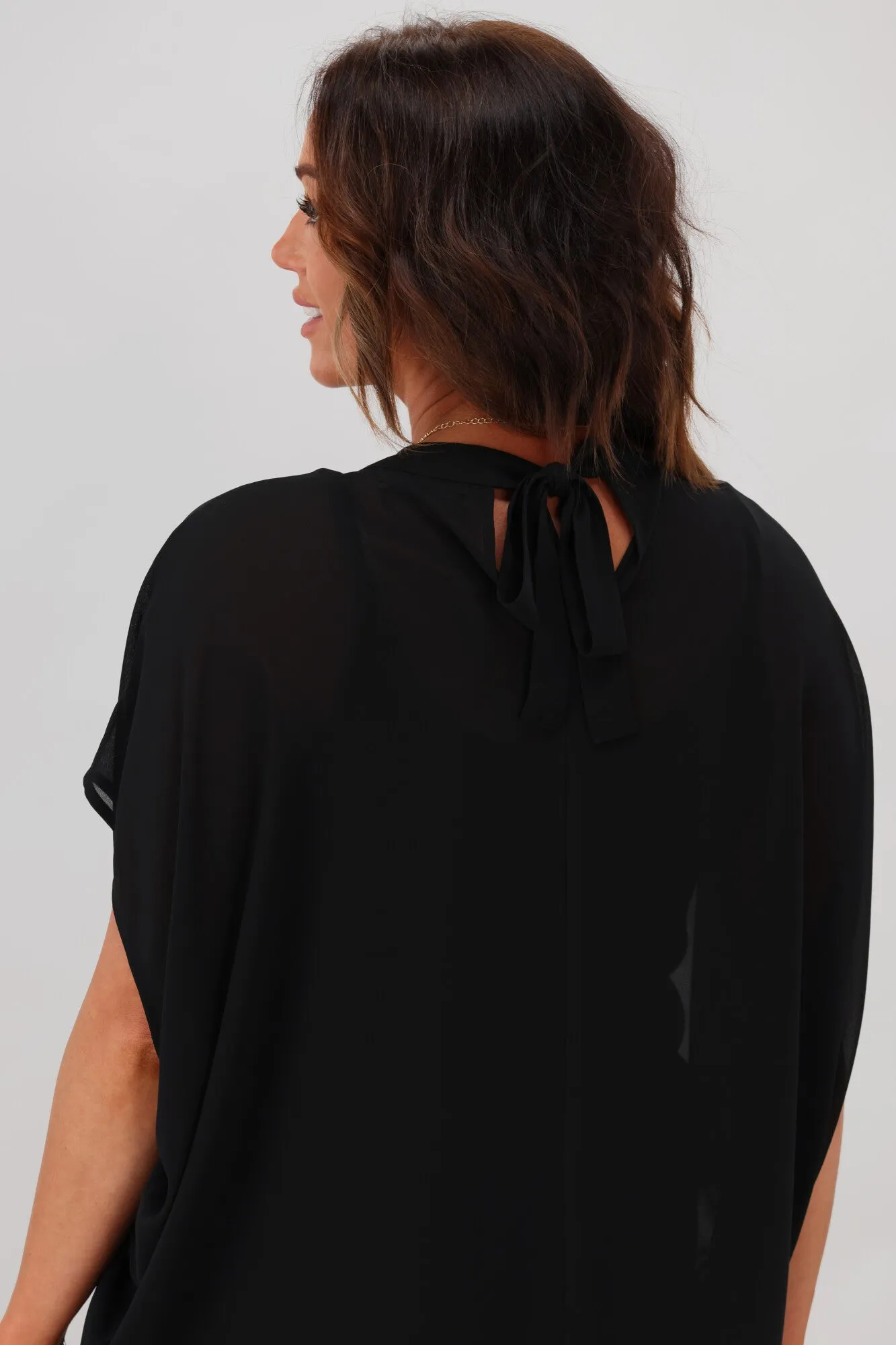 Gloss by Shine On Mathilda Batwing Tie Neck Top Black