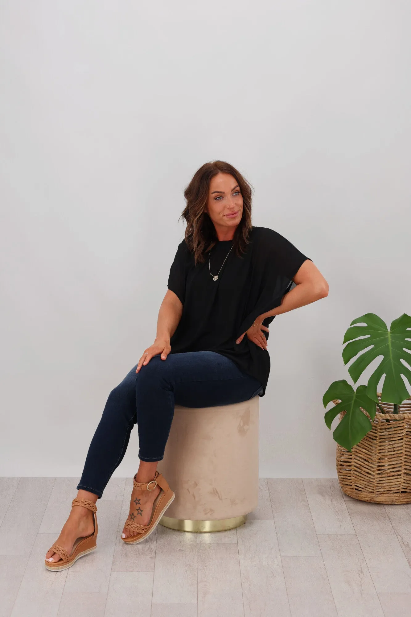 Gloss by Shine On Mathilda Batwing Tie Neck Top Black