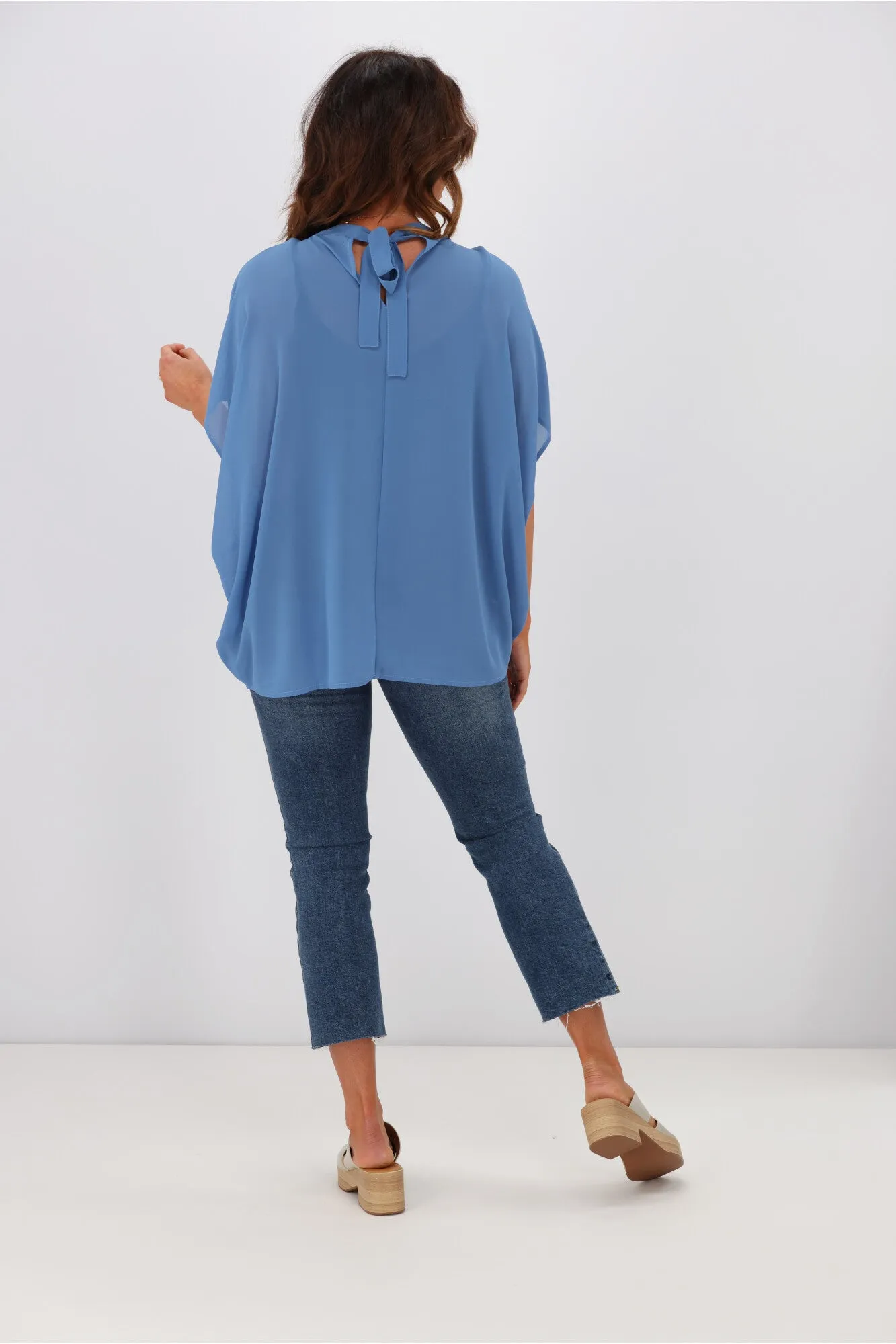 Gloss by Shine On Mathilda Batwing Tie Neck Top Blue
