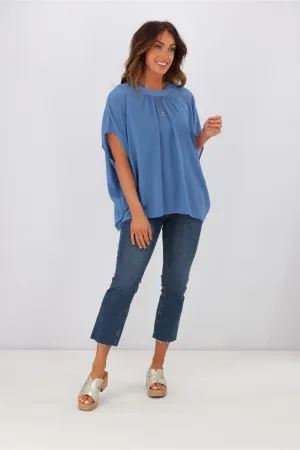 Gloss by Shine On Mathilda Batwing Tie Neck Top Blue
