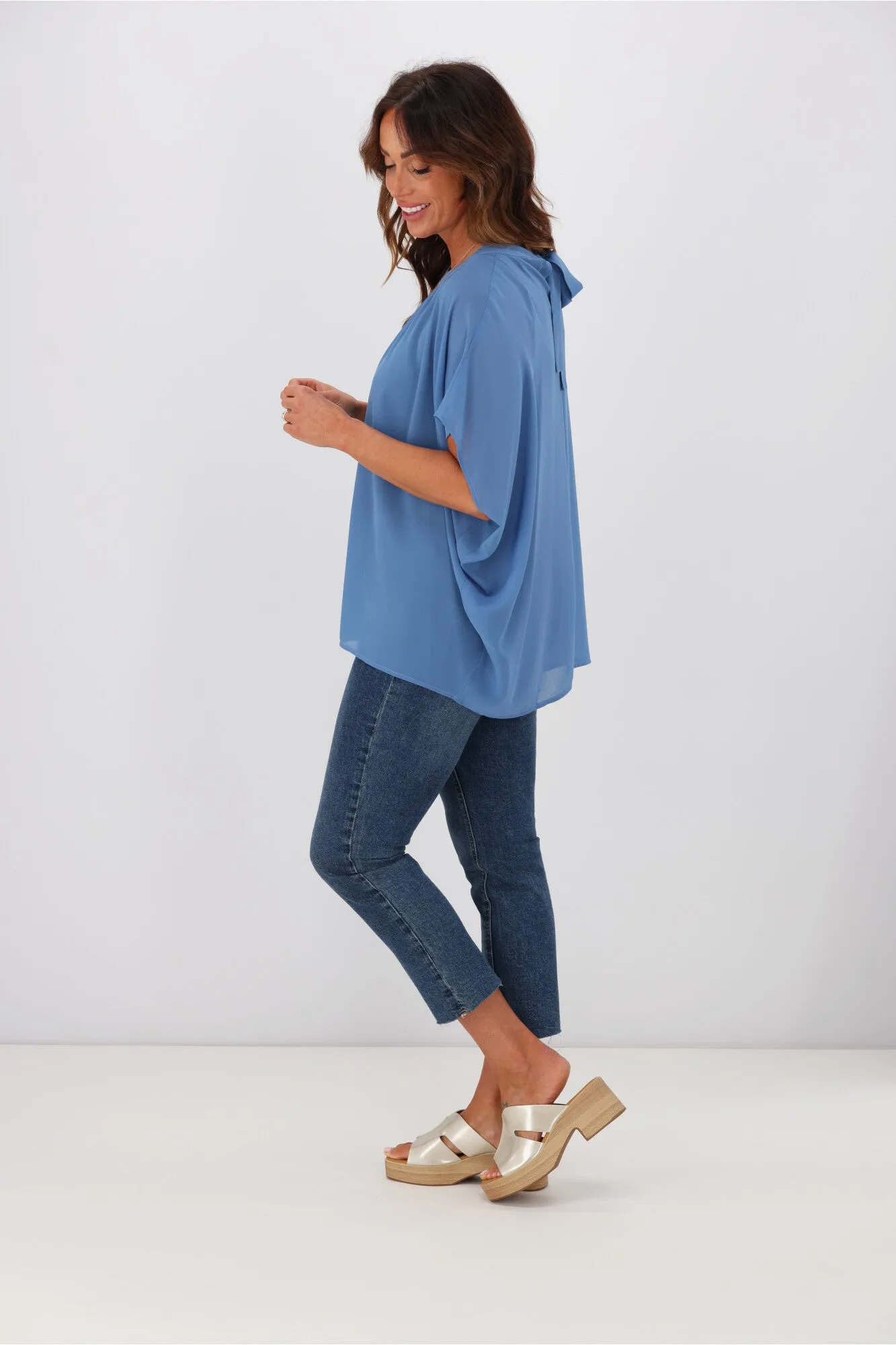 Gloss by Shine On Mathilda Batwing Tie Neck Top Blue