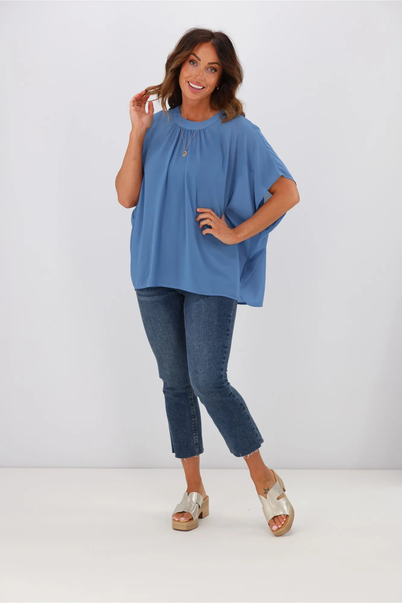 Gloss by Shine On Mathilda Batwing Tie Neck Top Blue
