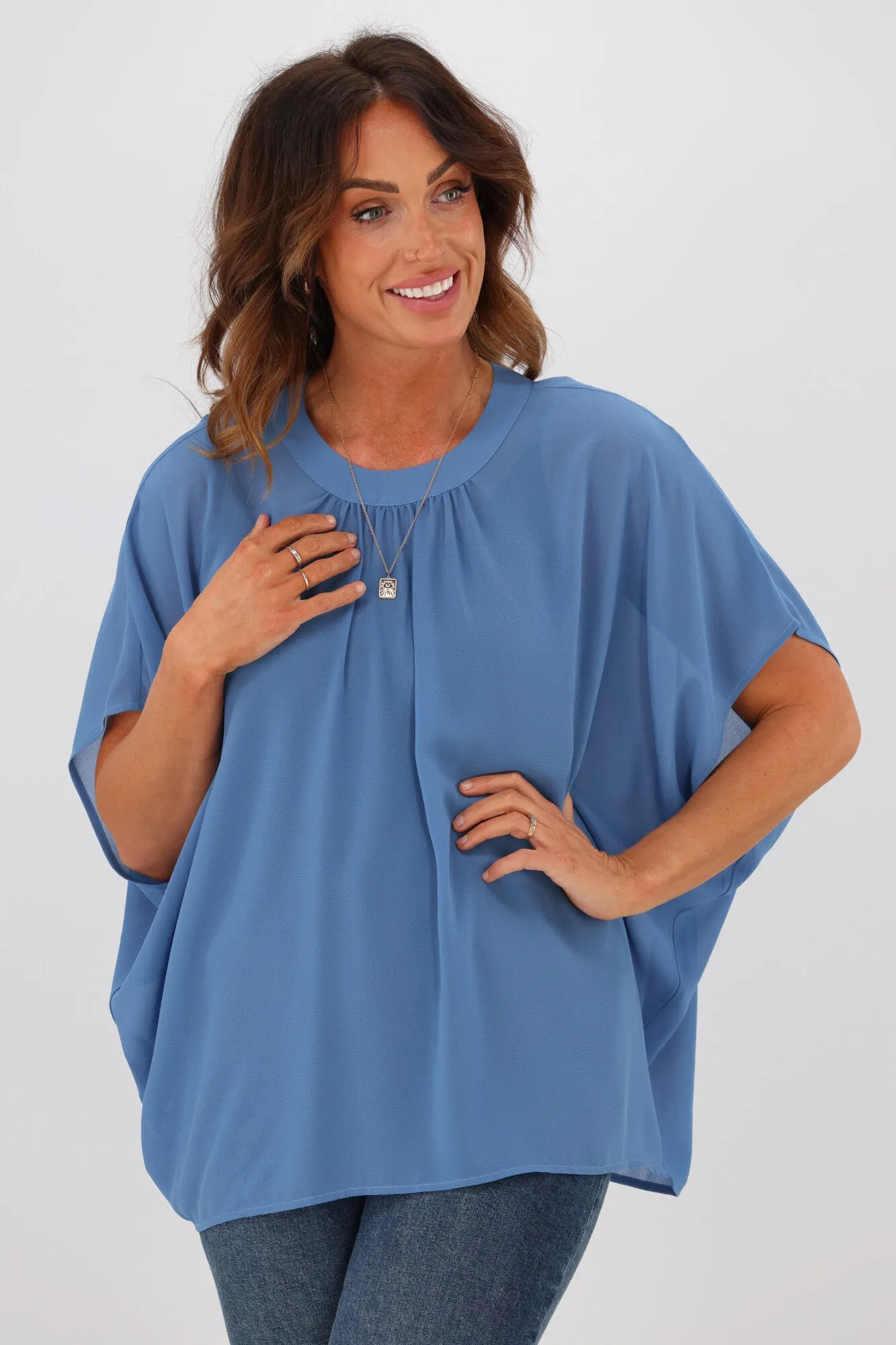 Gloss by Shine On Mathilda Batwing Tie Neck Top Blue