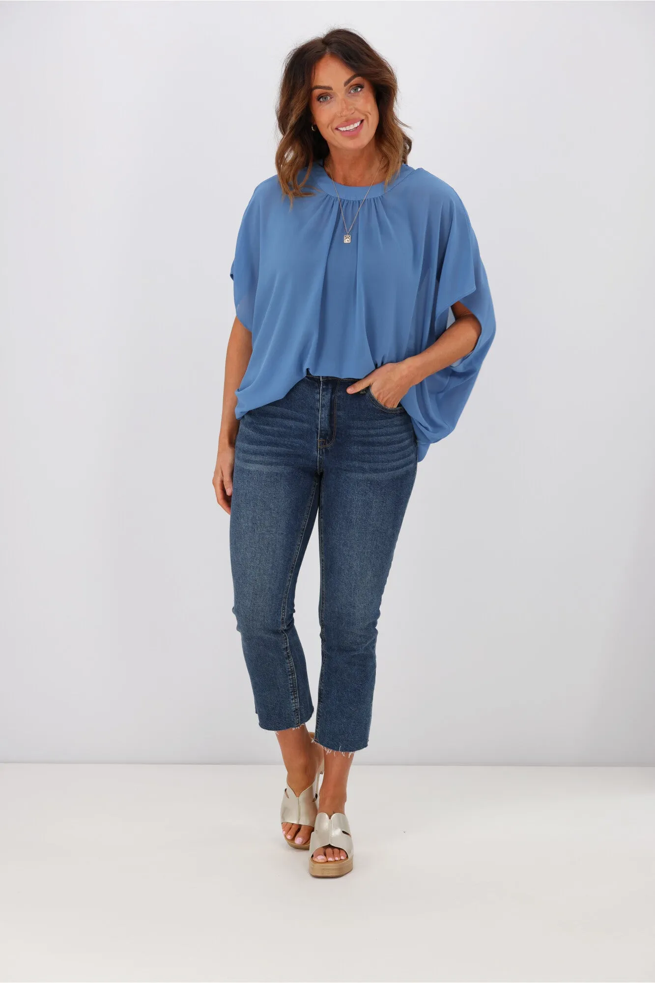 Gloss by Shine On Mathilda Batwing Tie Neck Top Blue