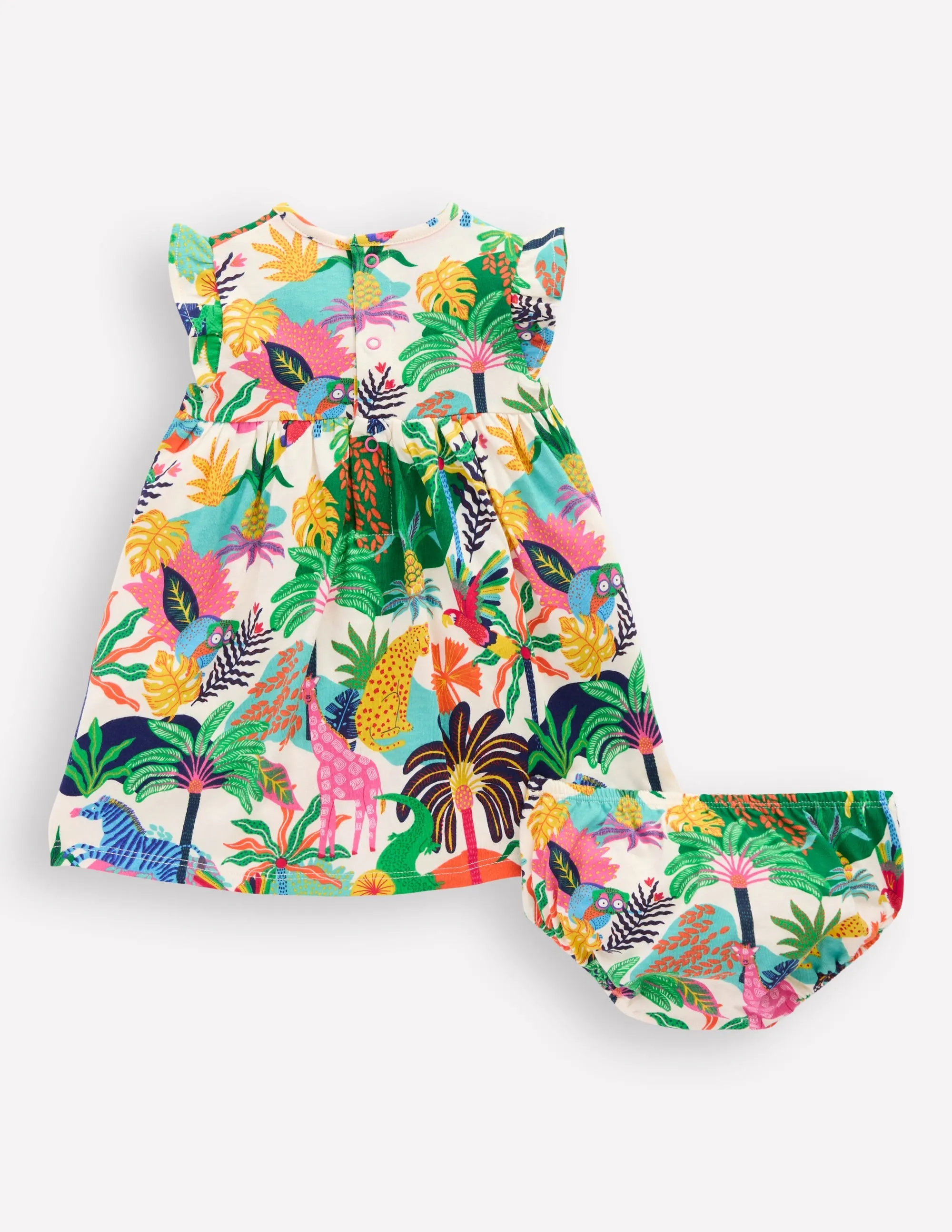 Jersey Frill Sleeve Dress-Coconut Milk Multi Jungle