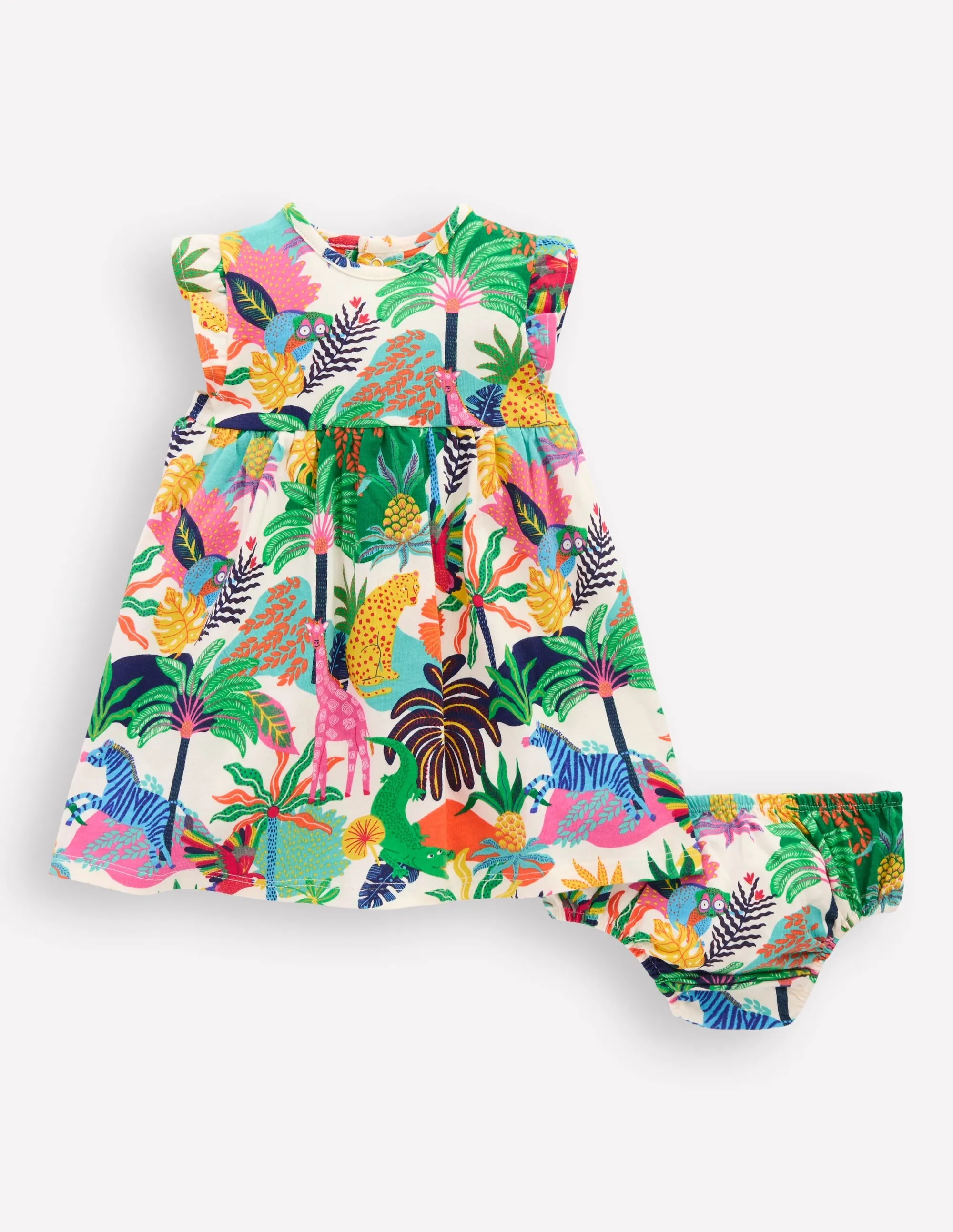 Jersey Frill Sleeve Dress-Coconut Milk Multi Jungle