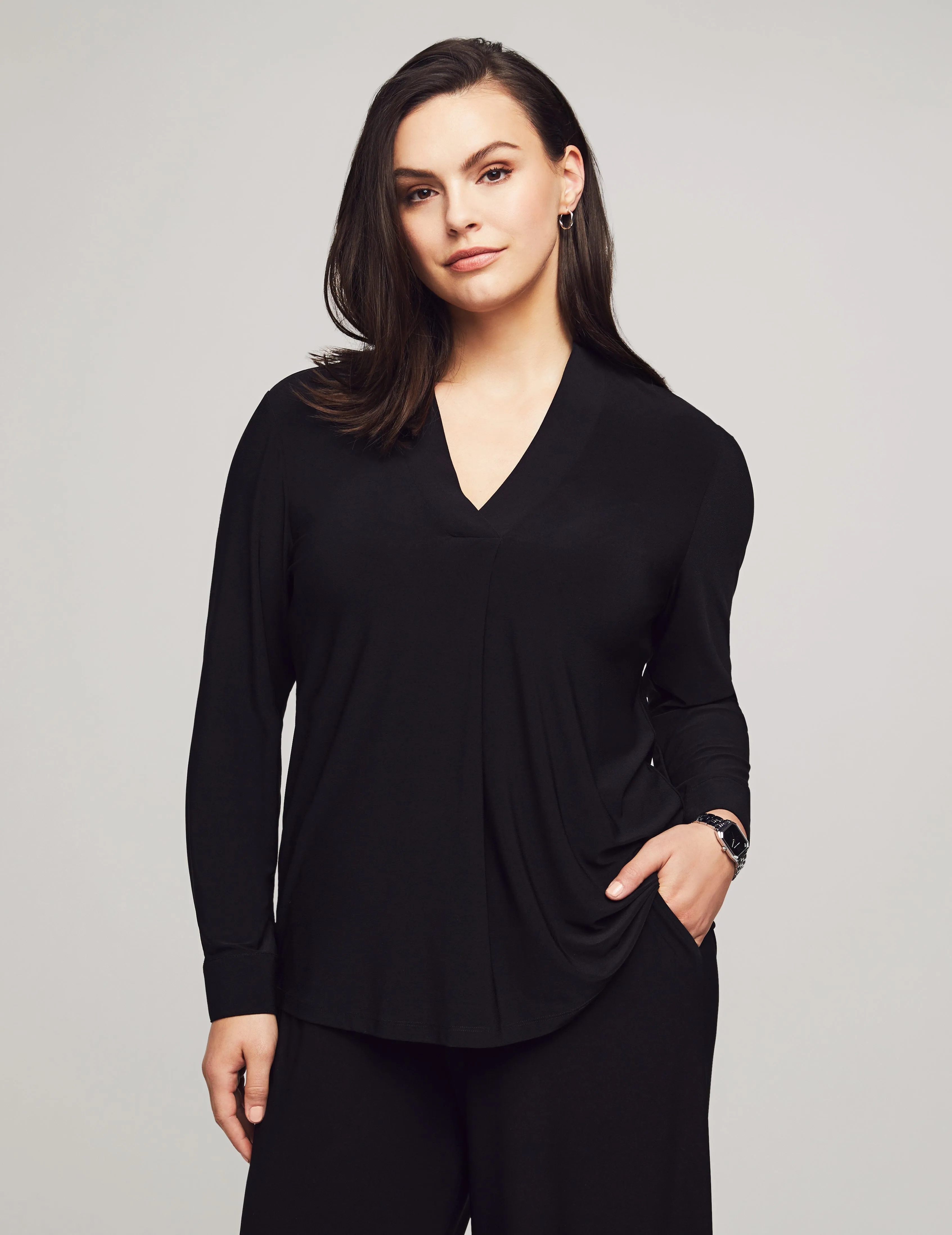 Long Sleeve Buttoned Cuff Top With V-Neck Collar- Sale
