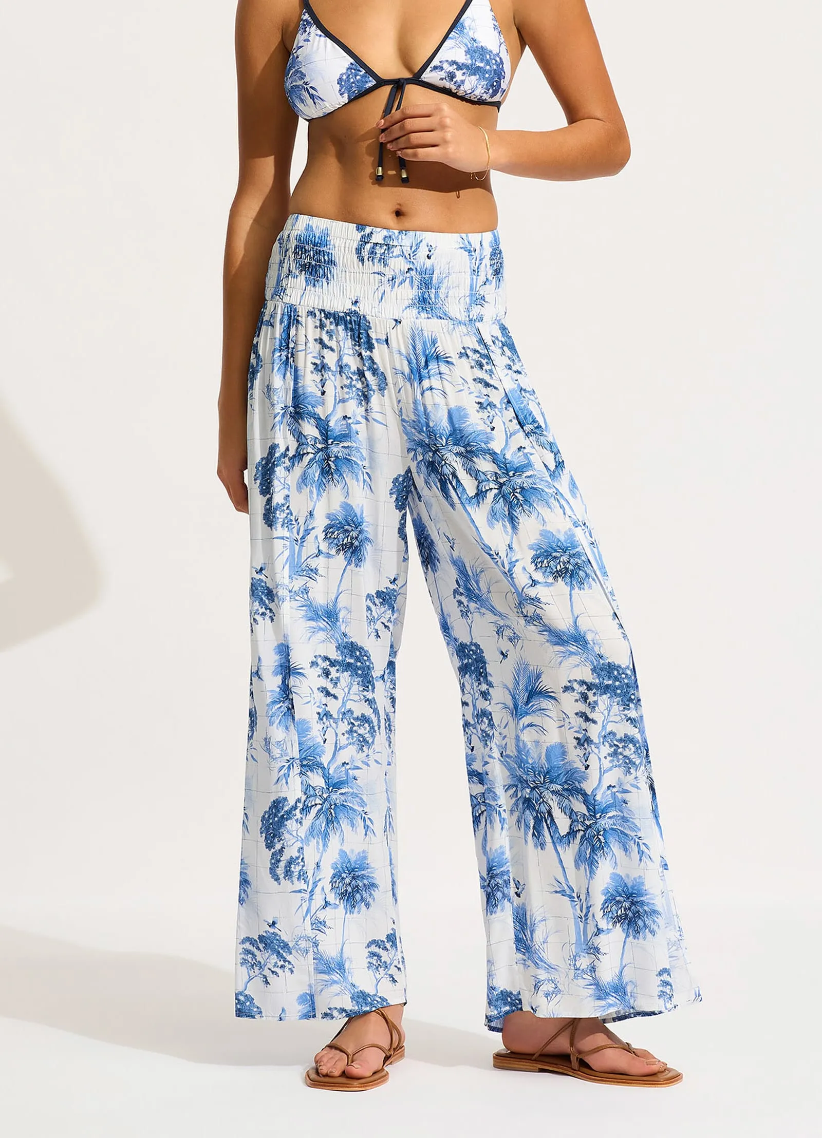 Marbella Shirred Waist Wrap Pant - White