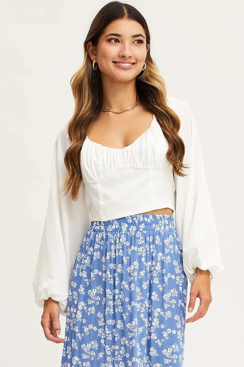White Puff Sleeve Top Long Sleeve Crop Satin