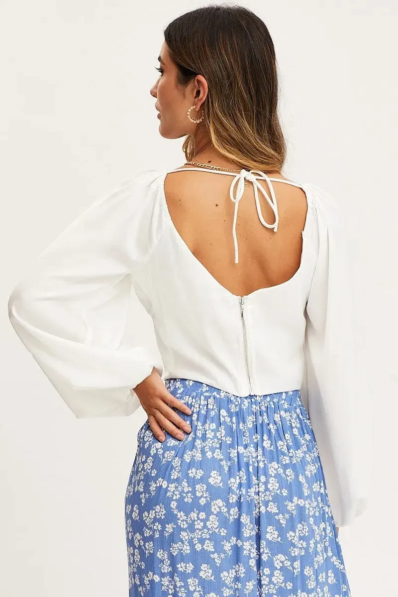 White Puff Sleeve Top Long Sleeve Crop Satin