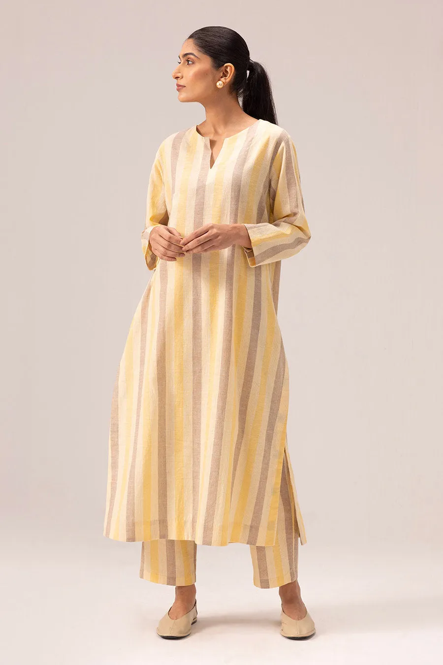 Yellow Riya Striped Long Kurta & Pant Set