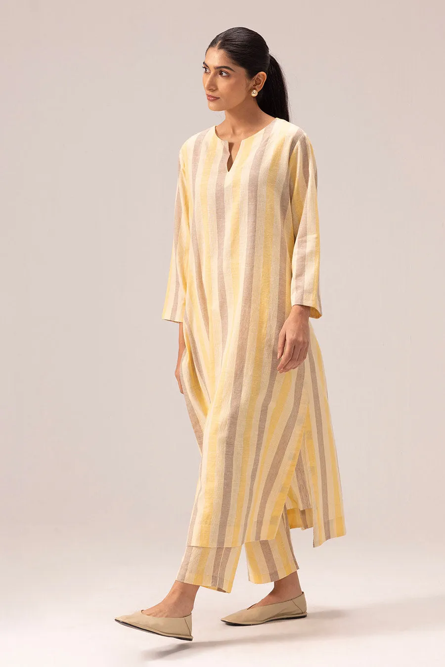 Yellow Riya Striped Long Kurta & Pant Set