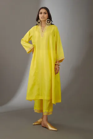 Yellow Silk Embroidered Kurta & Pant Set