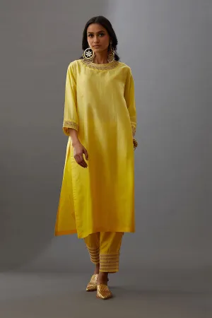 Yellow Silk Embroidered Kurta & Pant Set