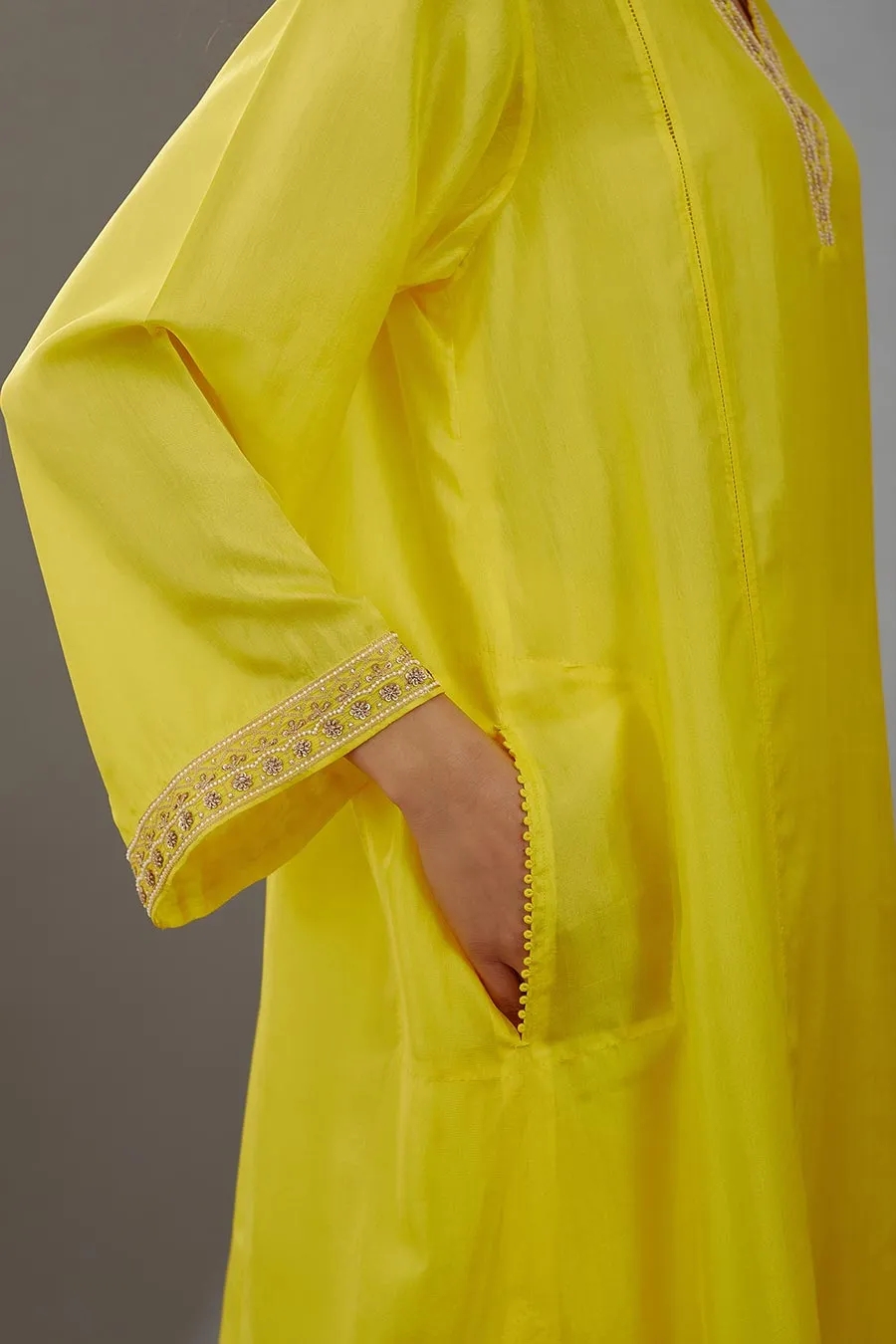 Yellow Silk Embroidered Kurta & Pant Set