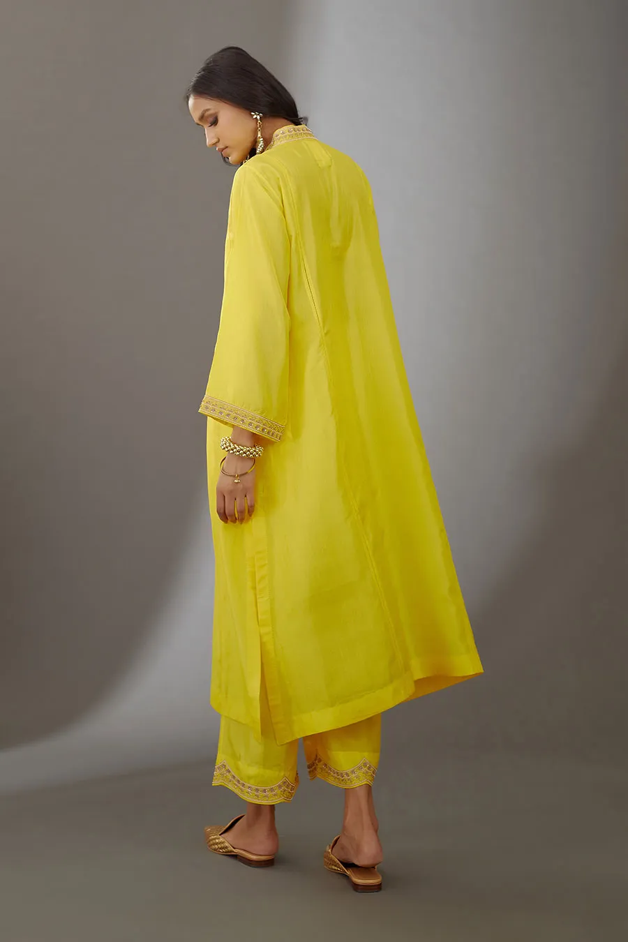 Yellow Silk Embroidered Kurta & Pant Set