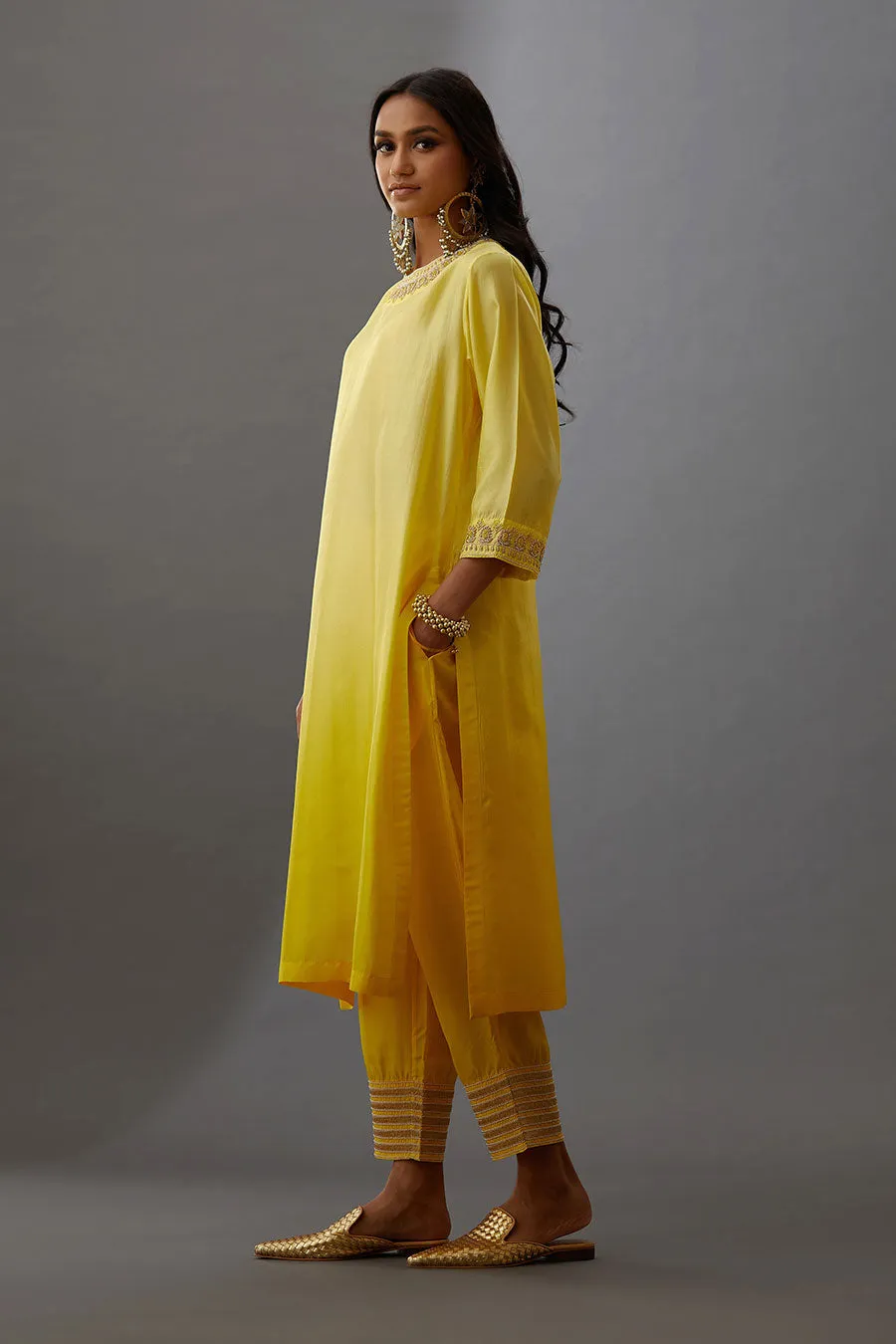 Yellow Silk Embroidered Kurta & Pant Set