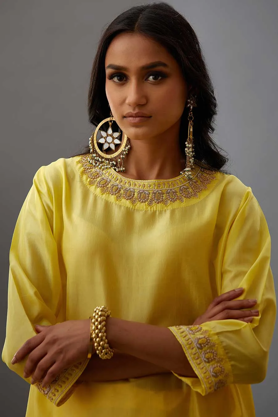 Yellow Silk Embroidered Kurta & Pant Set