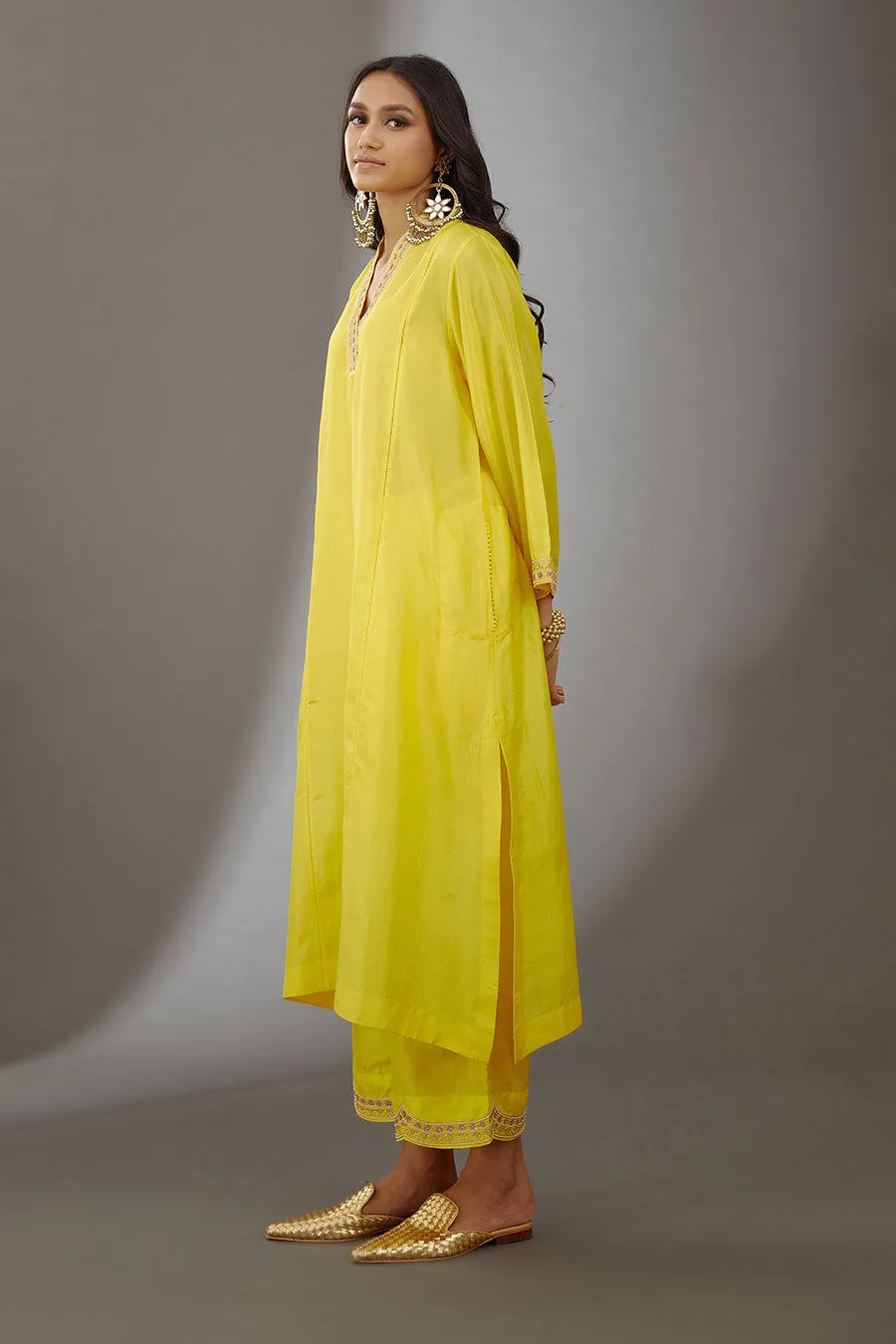 Yellow Silk Embroidered Kurta & Pant Set