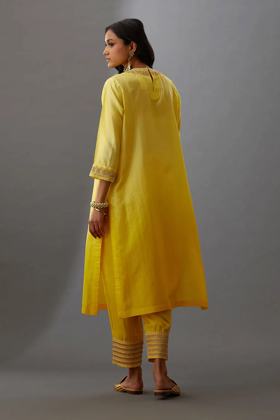 Yellow Silk Embroidered Kurta & Pant Set