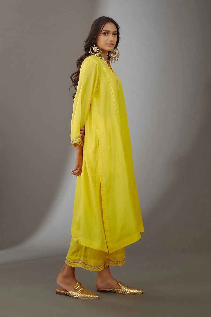 Yellow Silk Embroidered Kurta & Pant Set